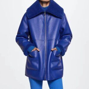 EUC Mango Faux Shearling-Lined Coat, Oversized, Blue, Spread Collar - Womans XS